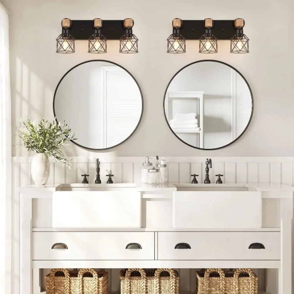 Brown Wood Framed Bathroom Mirror - Classic Square Wall Mirror